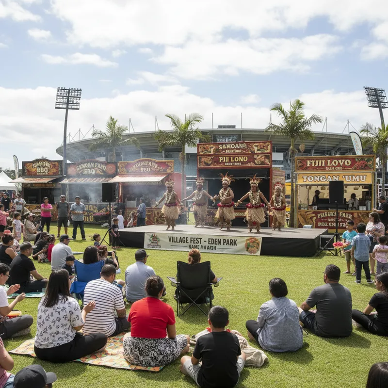 Families watching a Pacific dance performance near food stalls inside the Eden Park precinct. — Auckland Tribune