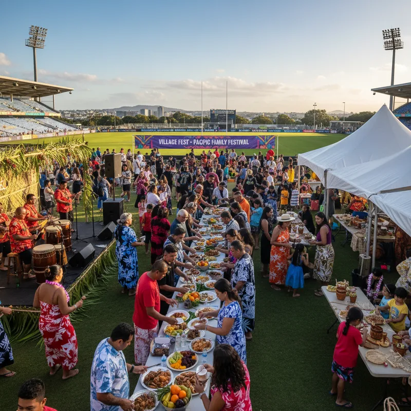 People enjoy food stalls and entertainment during the Village Fest Pacific family festival at Eden Park in March.