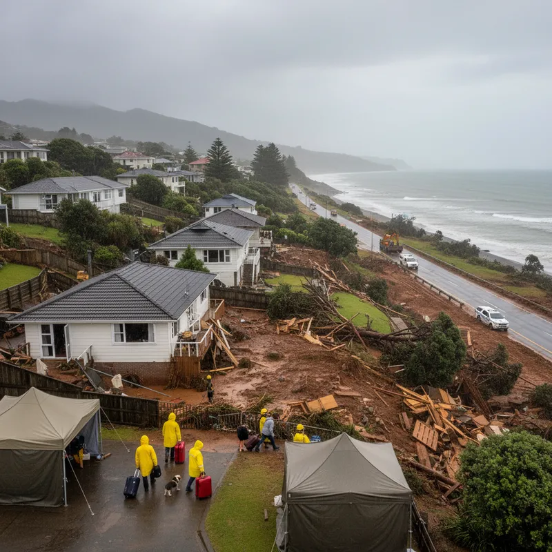 Landslide debris covers homes and road in Waiwera after heavy rain causes evacuations.