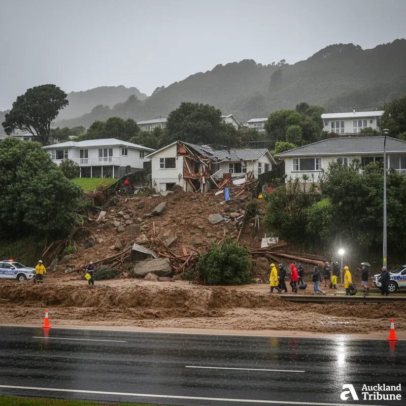 Landslide damage in Waiwera with debris covering homes and roads amid heavy rain.