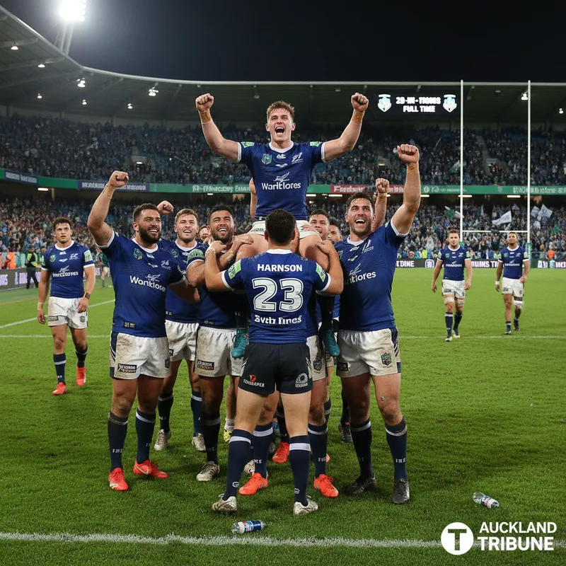 Warriors forward pack celebrating on-field with Luke Hanson after a strong defensive set. — Auckland Tribune