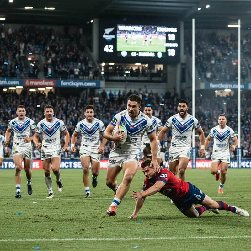 Warriors players celebrate a try against the Knights during their NRL match.