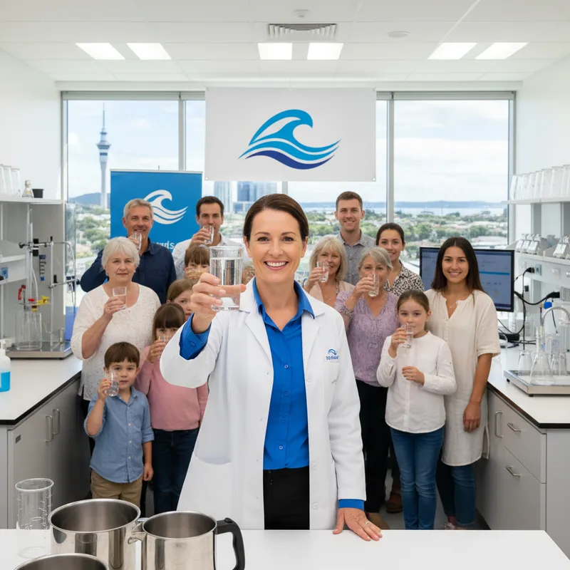Tap water flowing from a faucet into a clear glass in a bright, clean kitchen setting.