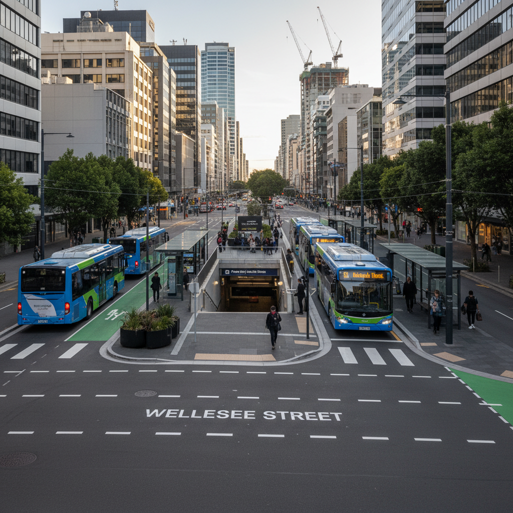Wellesley Street bus lanes and upgraded pedestrian areas in Auckland CBD.