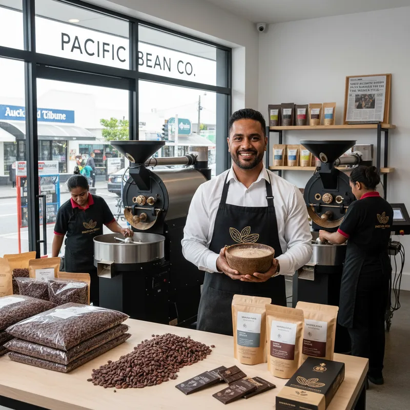 Samoan koko drink being prepared in a modern West Auckland roastery for global export.