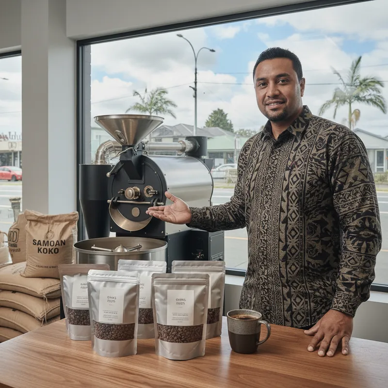 Samoan koko drink in a modern roastery setting with a person presenting it to the camera.