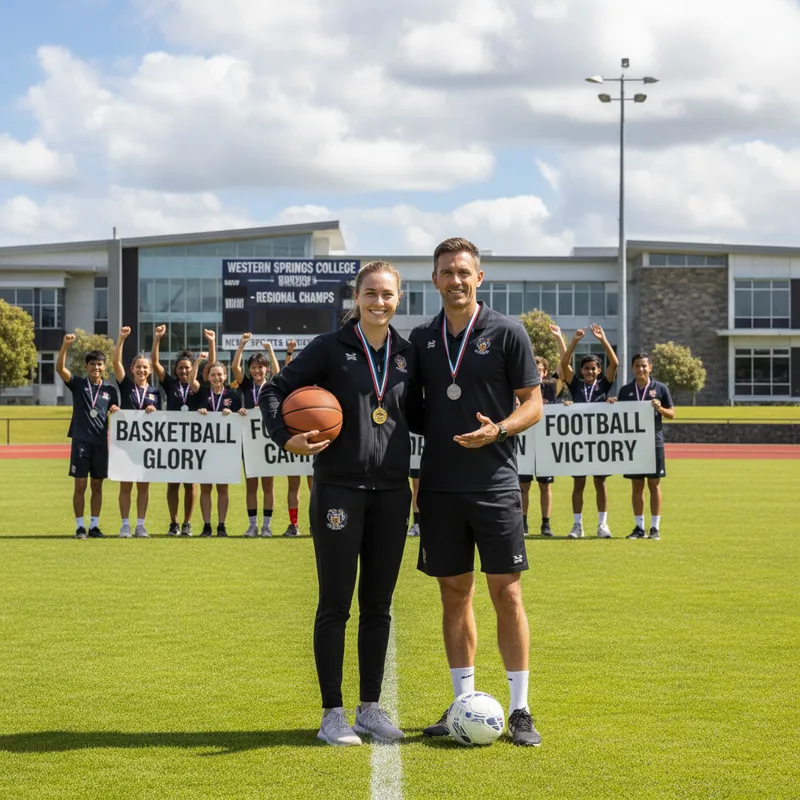 Students and staff at Western Springs College celebrating recent sports achievements, including medal wins.