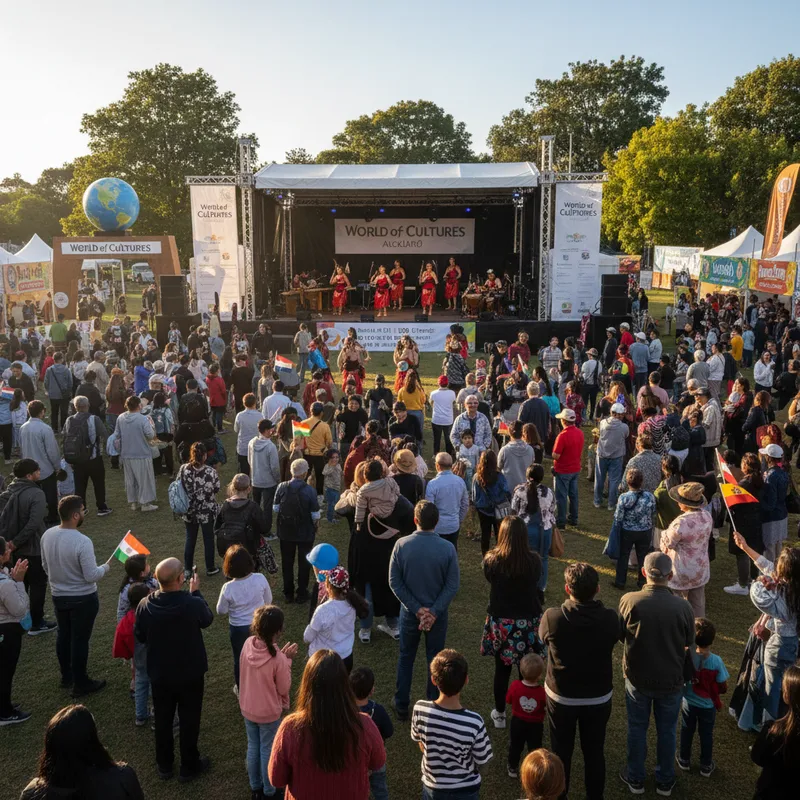 A diverse group of people enjoying a performance at the World of Cultures festival in Auckland.